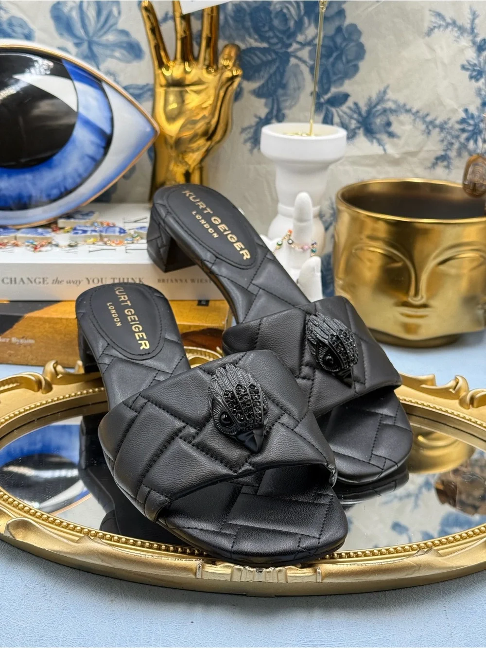 🆕 KURT GEIGER LONDON 🧿 NWOB Black Kensington Quilted Block Heel Sandal, Sz37 7
